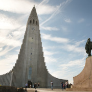 Iceland. Reykjavik. Hallgrimskirkja Church and Sculpture of Leif