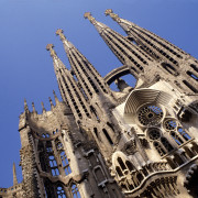 Worm’s-eye view of front of La Sagrada Familia in Barcelona, Spain