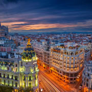 Cityscape image of Madrid, Spain during sunset.